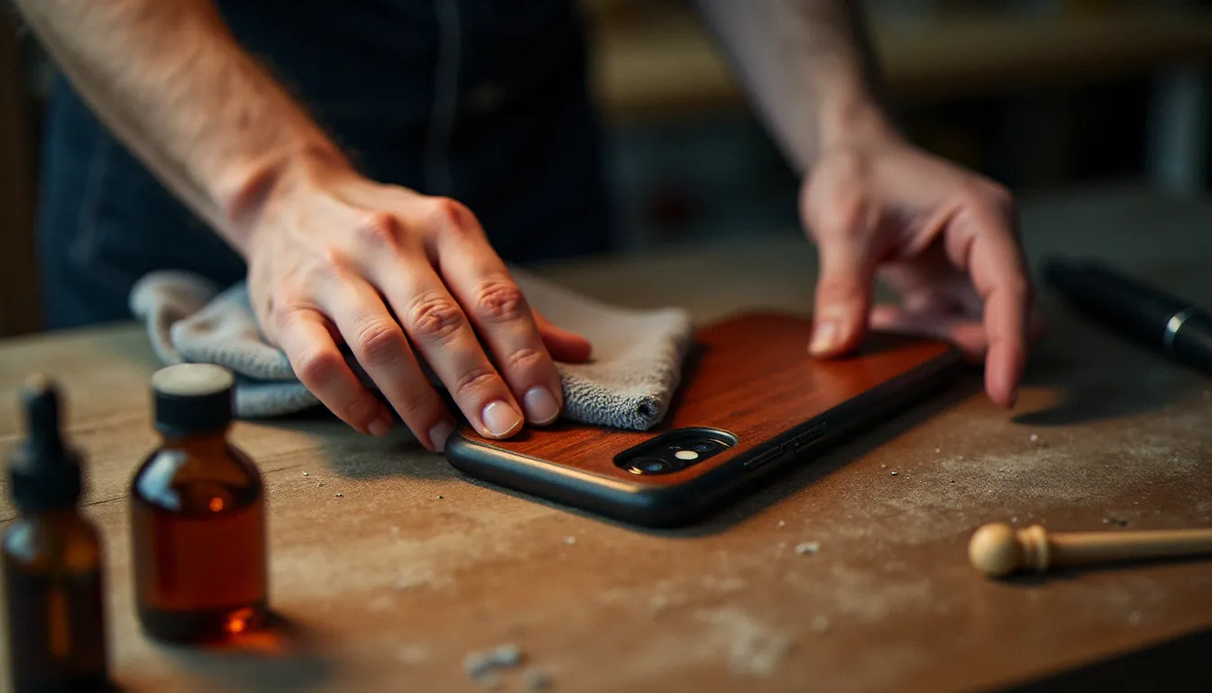 Mains d'une technicienne nettoyant délicatement une coque smartphone effetto legno en cerisier avec un chiffon microfibre, flacon d'huile de lin posé à côté sur l'établi