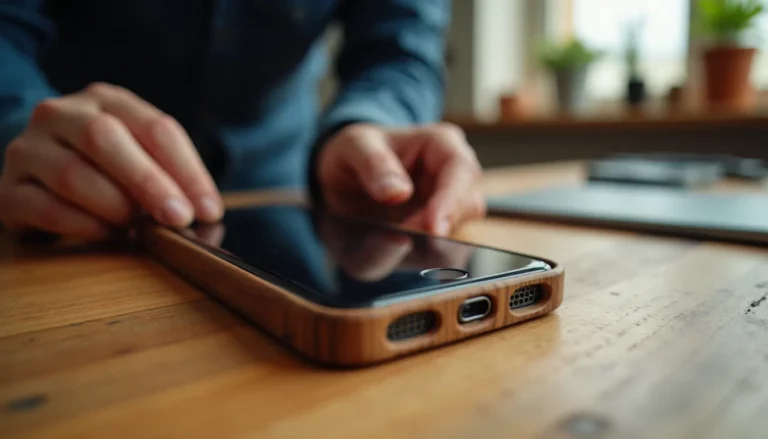 Smartphone avec une coque mobile effetto legno en noyer naturel posé sur un établi de technicien, grain de bois apparent et lumière naturelle latérale