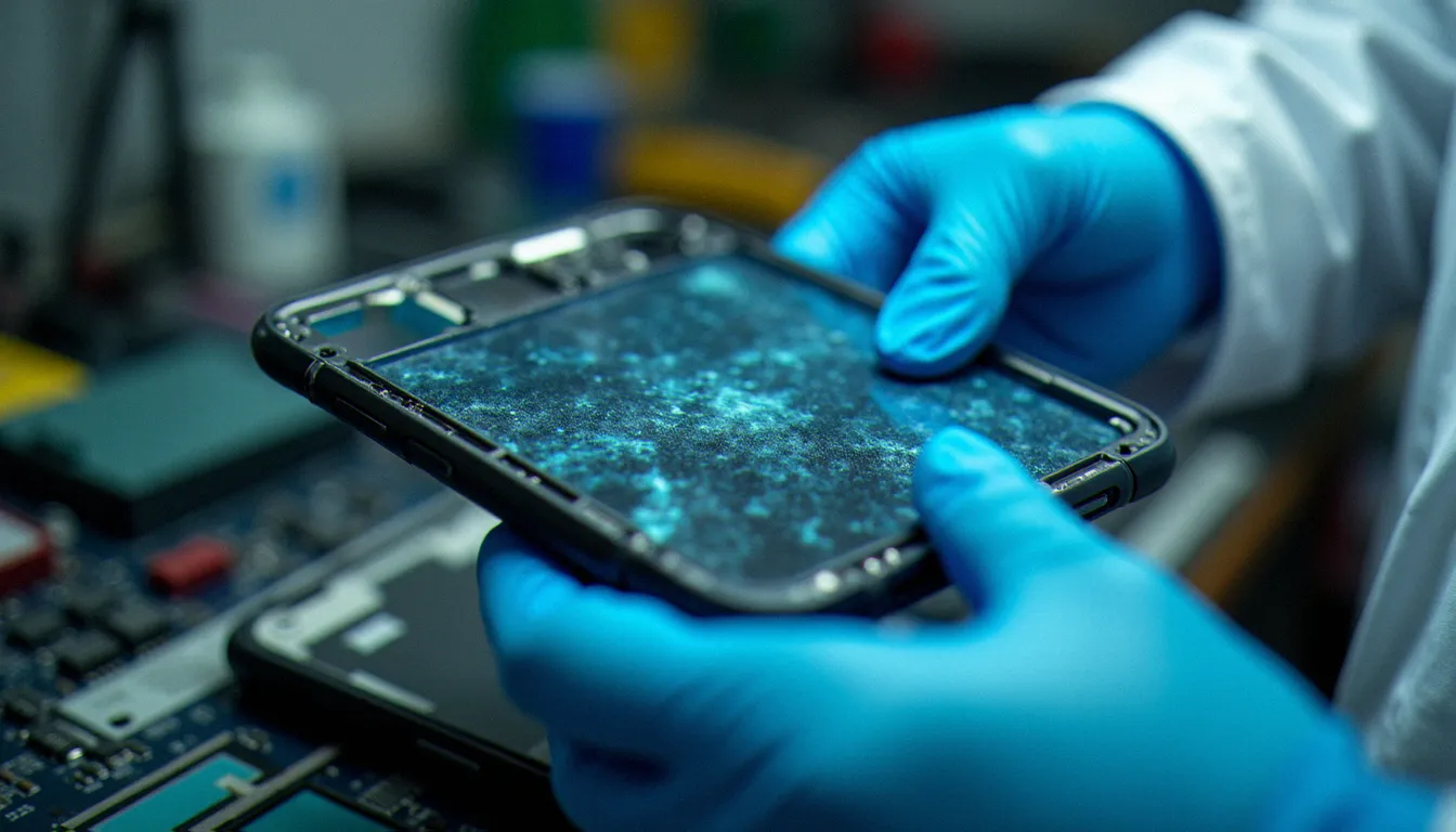Technicien tenant une vitre arrière de smartphone avec impression effet marbre lors d'une réparation en atelier