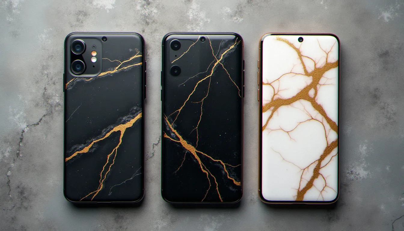 Trois smartphones avec différentes finitions mobiles effetto marmo côte à côte, illustrant les variantes de couleurs disponibles