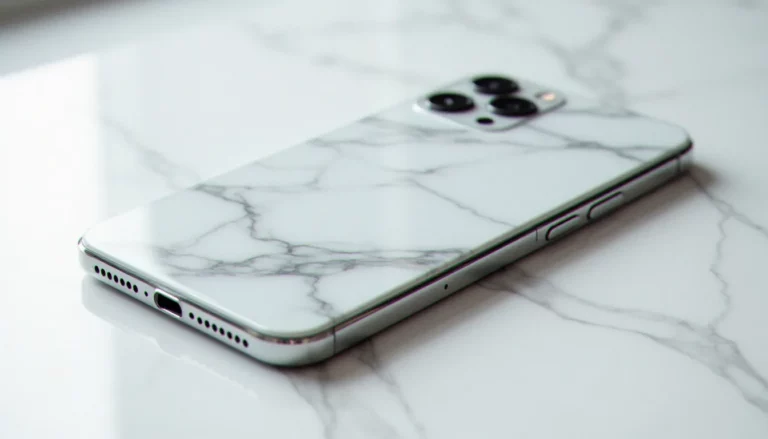 Smartphone avec dos à finition mobile effetto marmo posé sur une surface en marbre blanc, veinures grises visibles sur le dos du téléphone