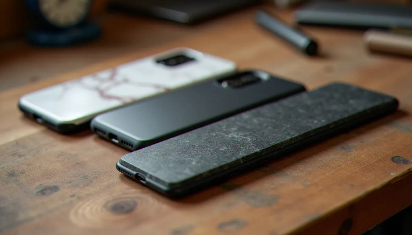 Comparaison de trois coques effet pierre pour smartphone : polycarbonate imprimé, TPU granuleux et ardoise naturelle fine, photographiées côte à côte sur un établi en bois