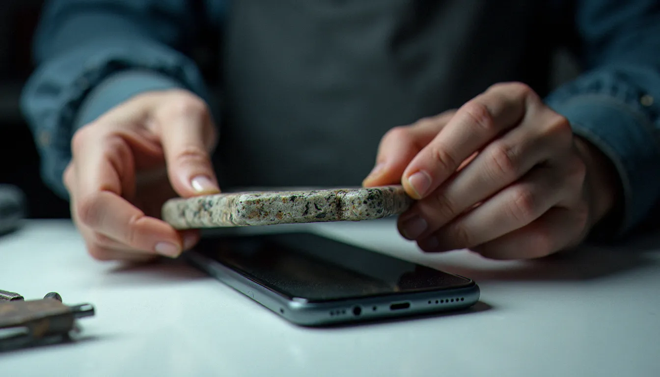 Technicienne installant une coque en pierre naturelle ultra-fine sur un smartphone lors d'une intervention en atelier mobile professionnel