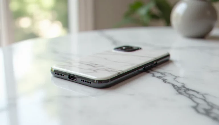 Smartphone avec coque mobile effetto pietra en marbre posé sur une surface en marbre blanc veiné, mise en scène minimaliste en lumière naturelle