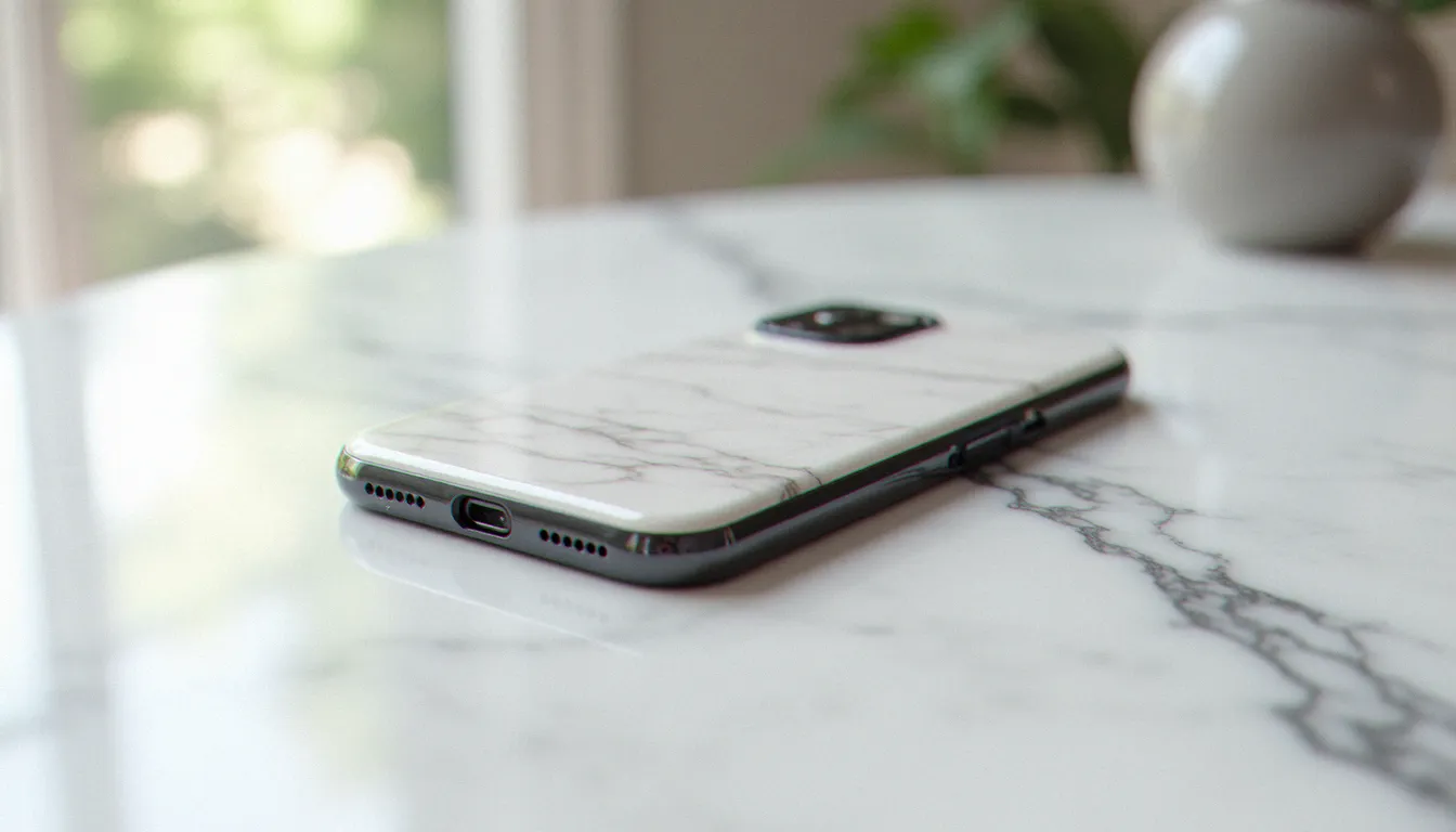 Smartphone avec coque mobile effetto pietra en marbre posé sur une surface en marbre blanc veiné, mise en scène minimaliste en lumière naturelle