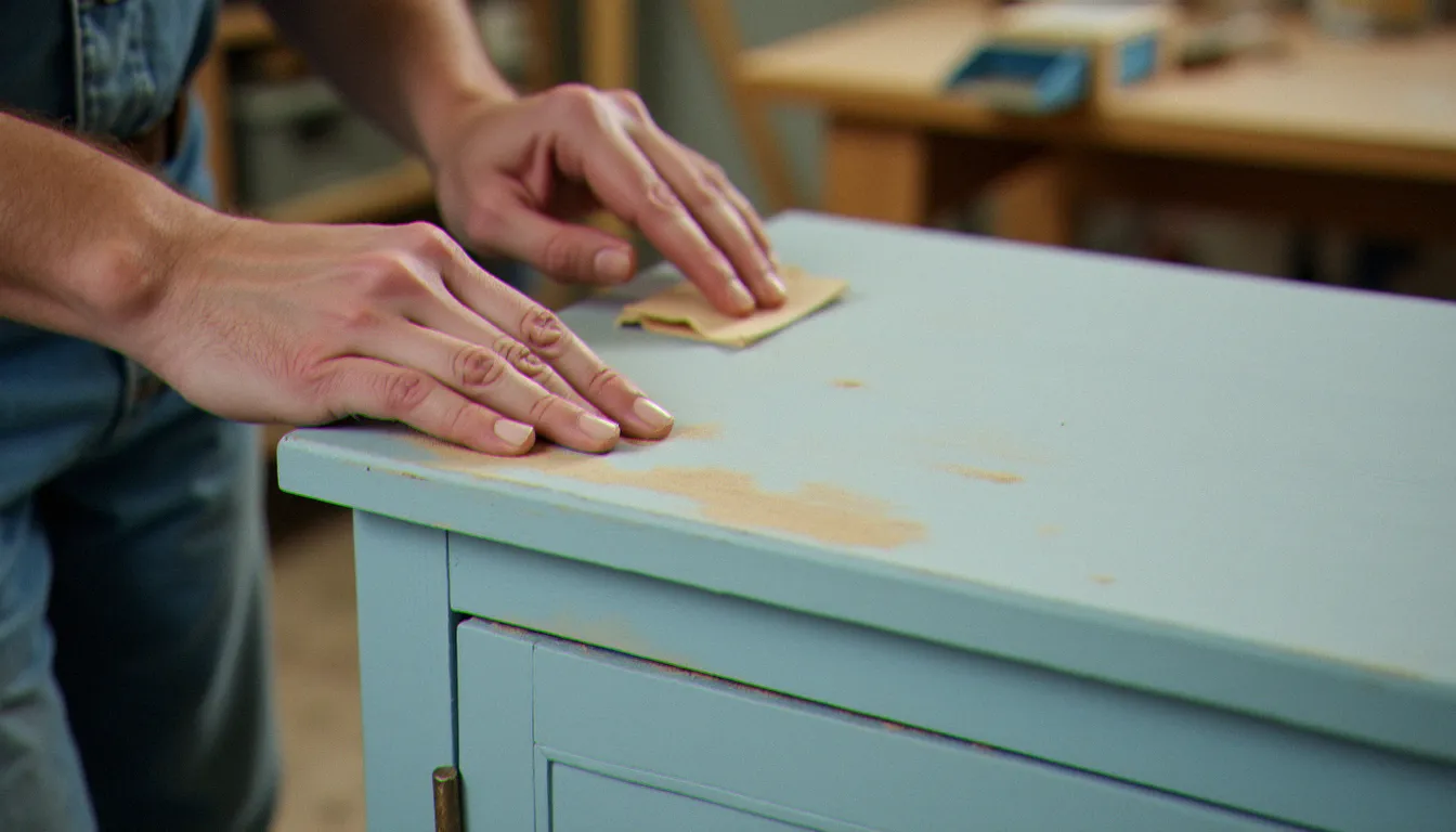 Mains d'un artisan ponçant le bord d'un meuble bleu pastel en atelier pour créer un effet shabby, avec du papier de verre et des pinceaux visibles en arrière-plan