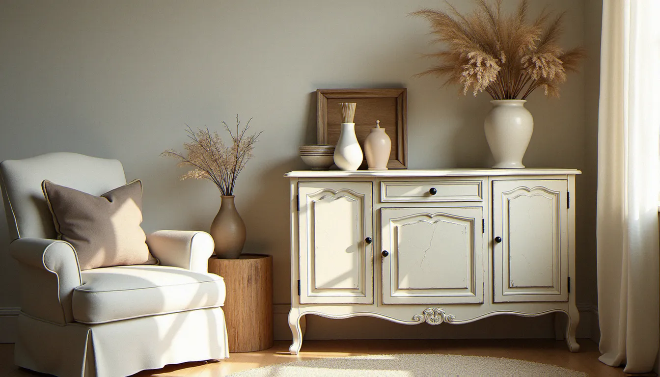 Buffet patiné crème à effet craquelé shabby dans un salon de style campagne français, décoré de fleurs séchées et de vases en céramique ancienne sous une lumière d'après-midi tamisée