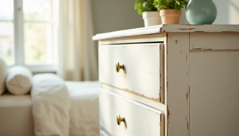 Commode en bois blanc patiné à l'effet shabby chic, avec peinture légèrement écaillée sur les bords et poignées en laiton vieilli, dans une chambre lumineuse