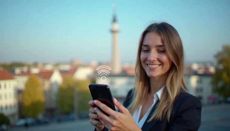 Femme tenant un smartphone affichant un signal réseau mobile France Free en milieu urbain français