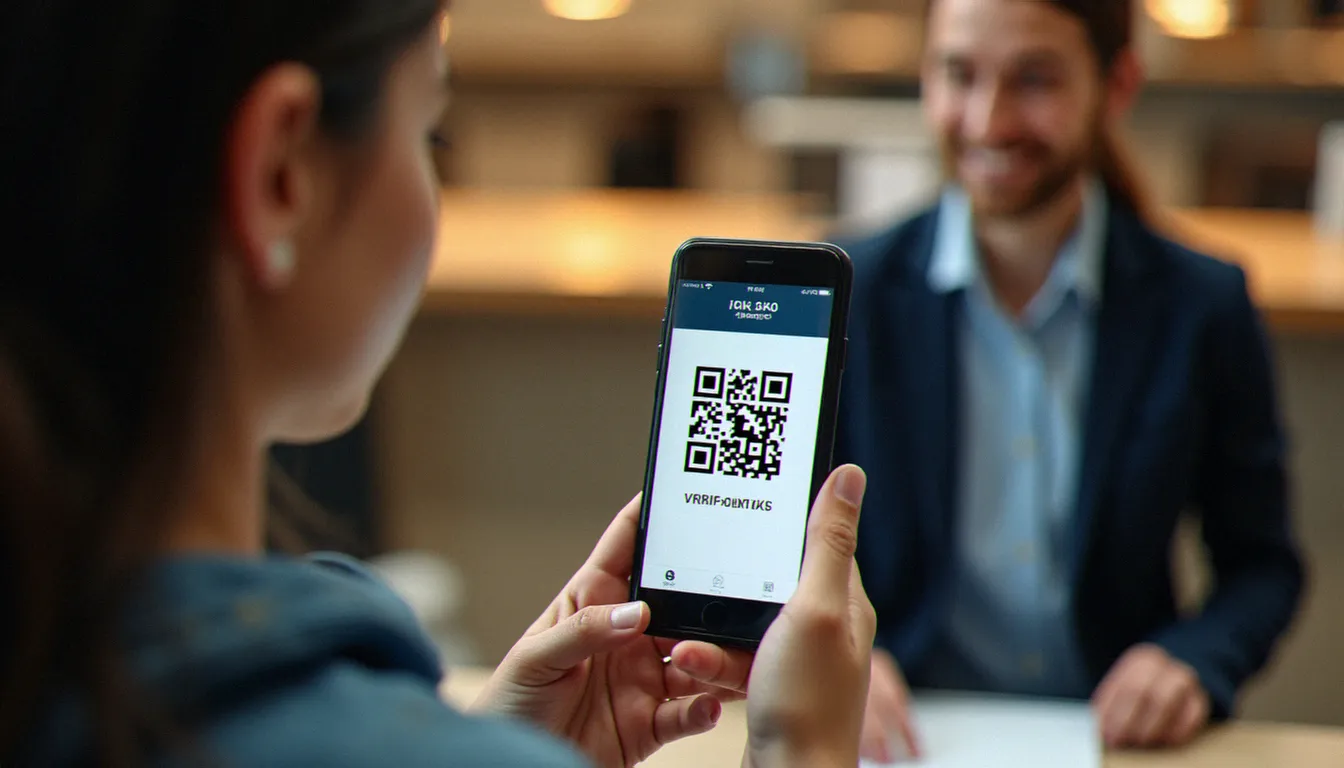 Un usager présentant son smartphone avec un QR code d'identité numérique certifiée à un agent d'accueil dans un bureau de service public français moderne