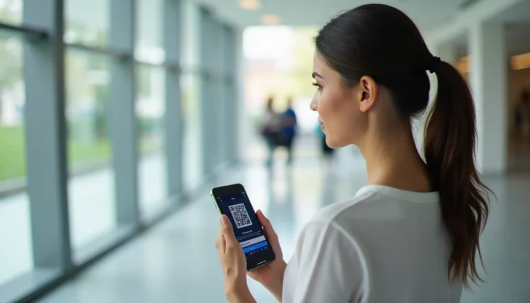 Une personne tenant un smartphone affichant une interface d'identité numérique mobile France Identité avec QR code dans un hall administratif moderne