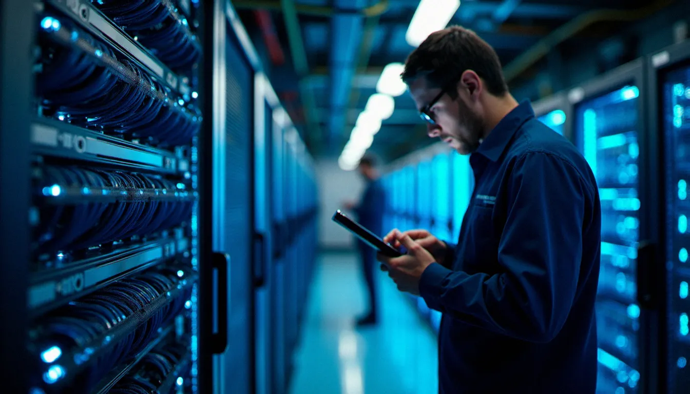 Salle de serveurs télécoms avec équipements réseau mobile en France, technicien au fond