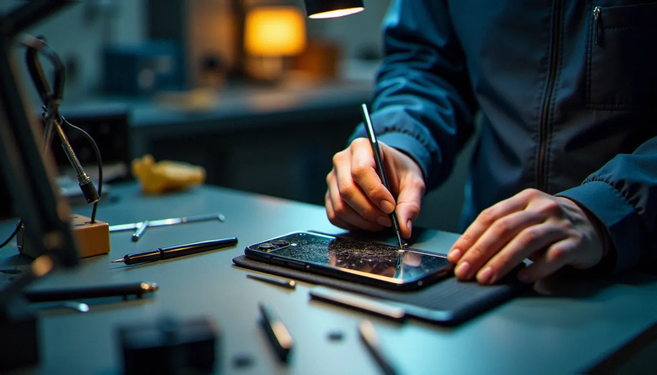 Technicienne réparant l'écran fissuré d'un smartphone mobile sur un établi d'atelier professionnel