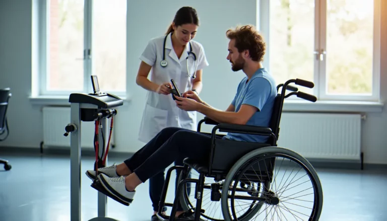 Kinésithérapeute réglant un appareil de thérapie par le mouvement mobile france motomed pour un patient en fauteuil roulant dans un service de rééducation