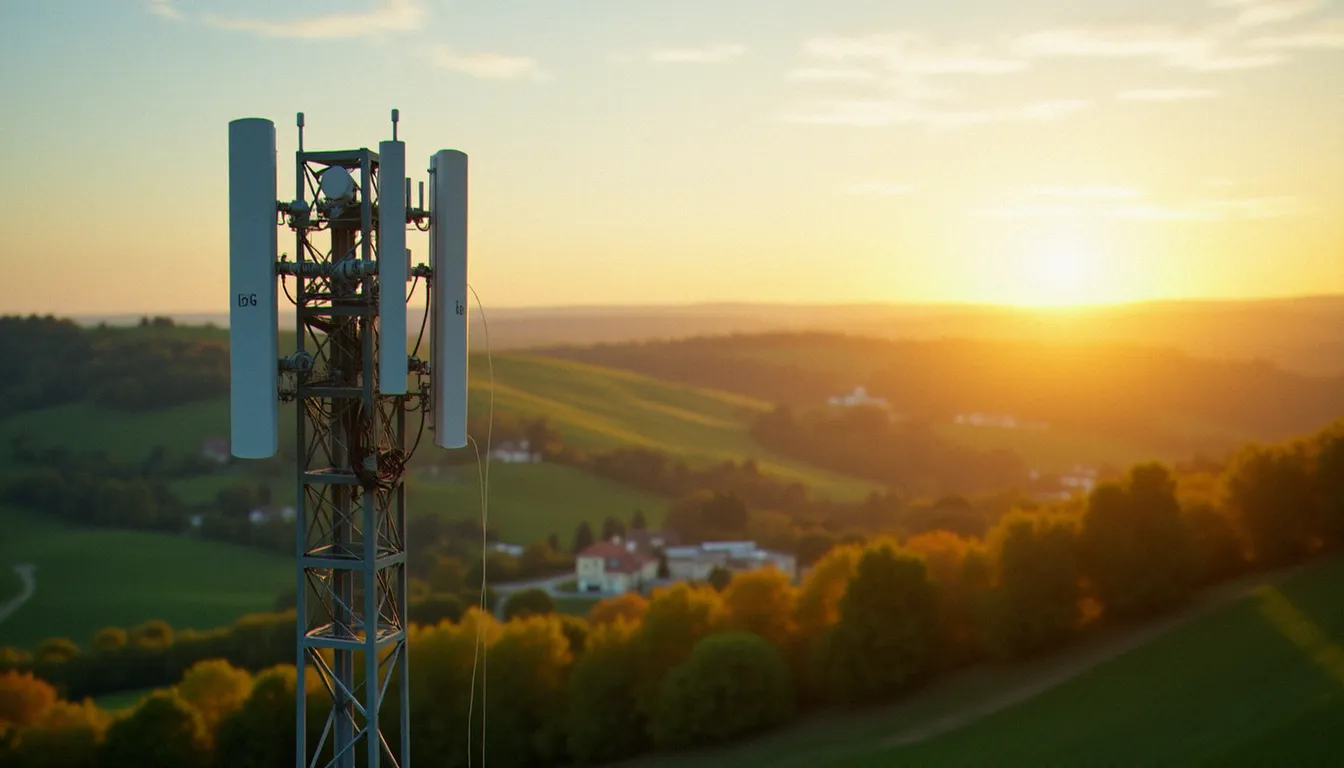 Antenne 5G sur pylône métallique en zone rurale française illustrant le réseau mobile Orange en campagne