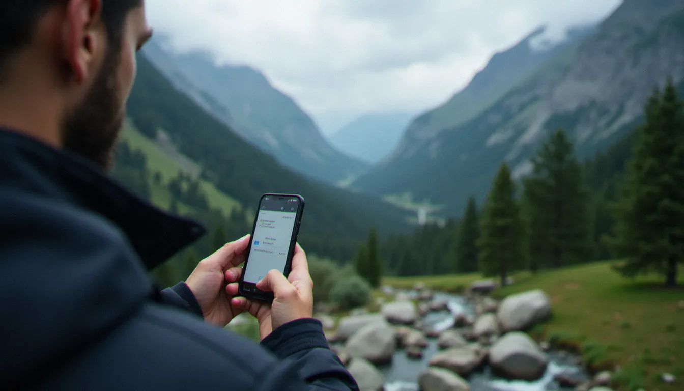 Personne vérifiant la couverture mobile sur son smartphone dans une vallée montagneuse, illustrant la couverture Orange en zone isolée