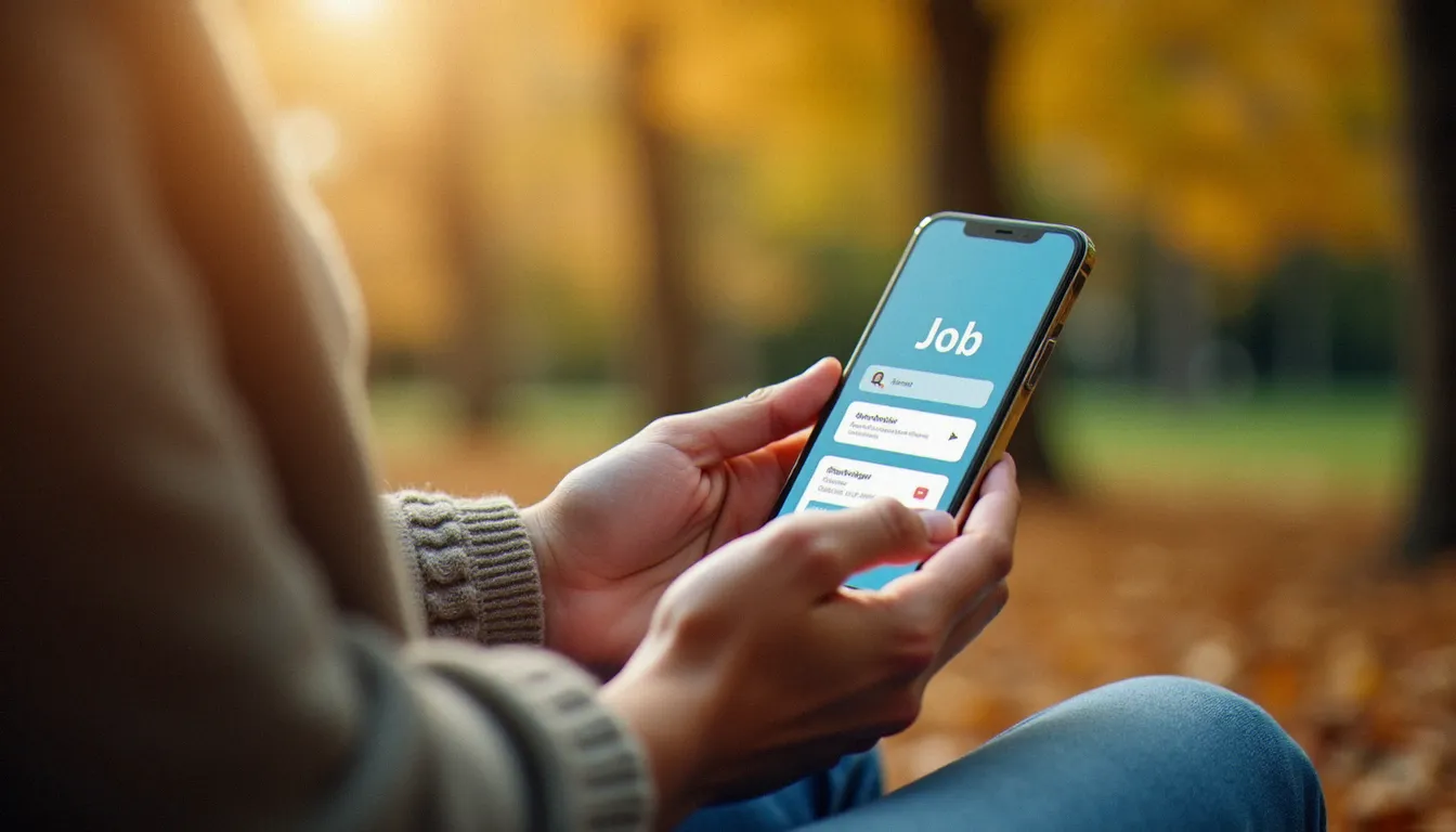 Mains tenant un smartphone affichant une interface de recherche d'emploi en France, usage mobile pour l'accès aux services France Travail