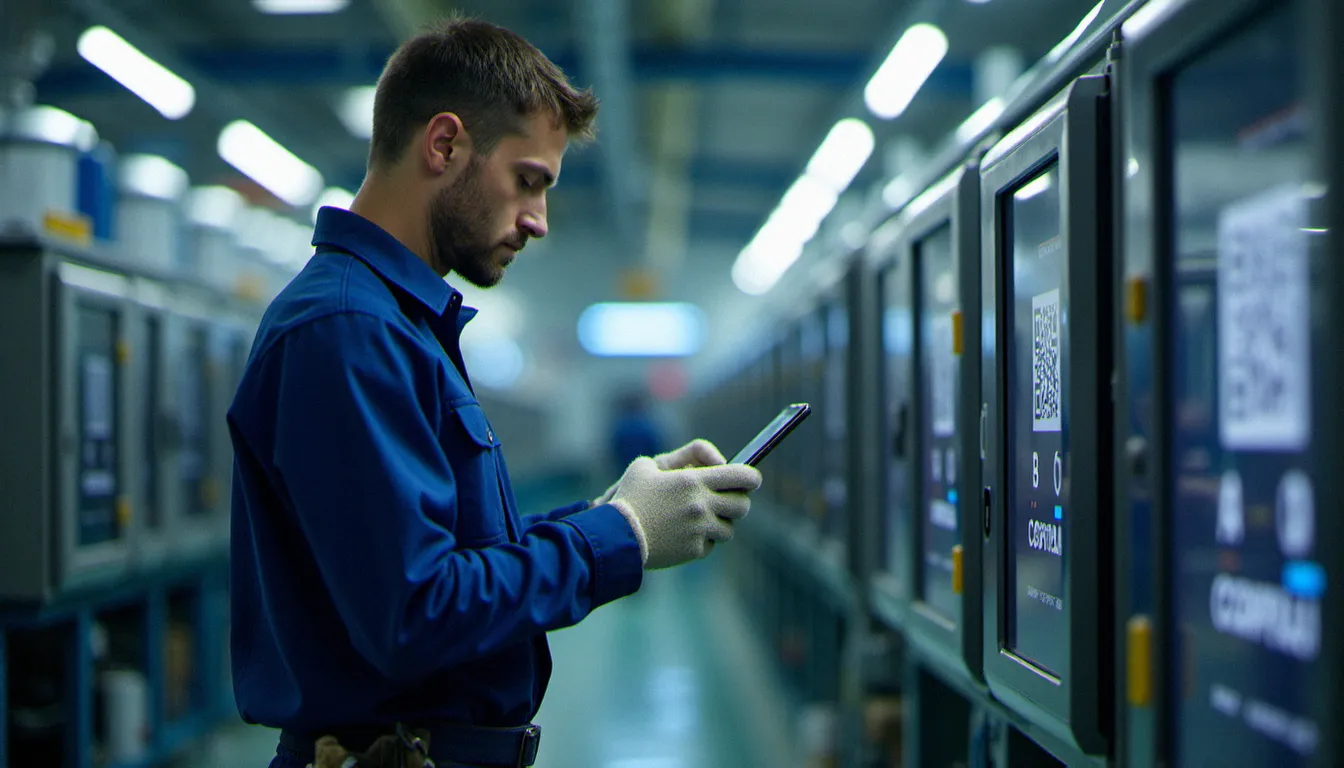 Technicien en tenue de travail utilisant son mobile pour scanner un équipement industriel, illustrant les usages professionnels du smartphone en France