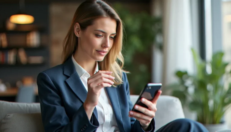 Femme professionnelle utilisant son mobile pour accéder à France Travail dans un espace de coworking, illustrant l'usage du mobile dans le monde du travail en France