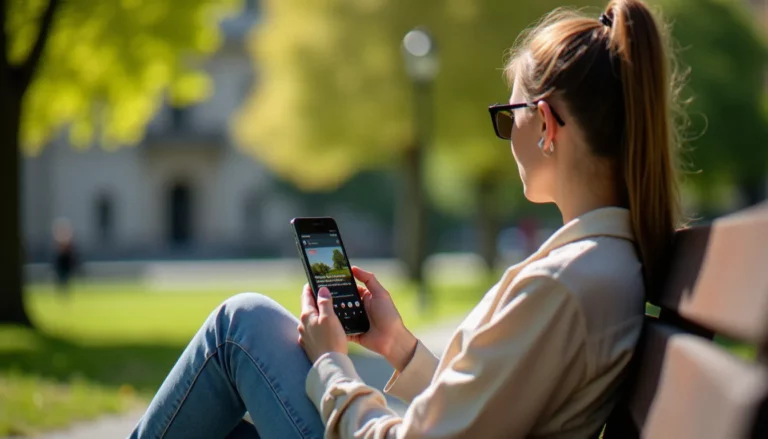 Une femme regardant la télévision française en streaming sur son smartphone mobile en France, application mobile France TV ouverte