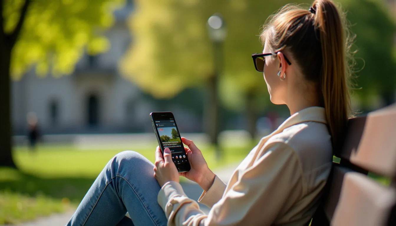 Une femme regardant la télévision française en streaming sur son smartphone mobile en France, application mobile France TV ouverte