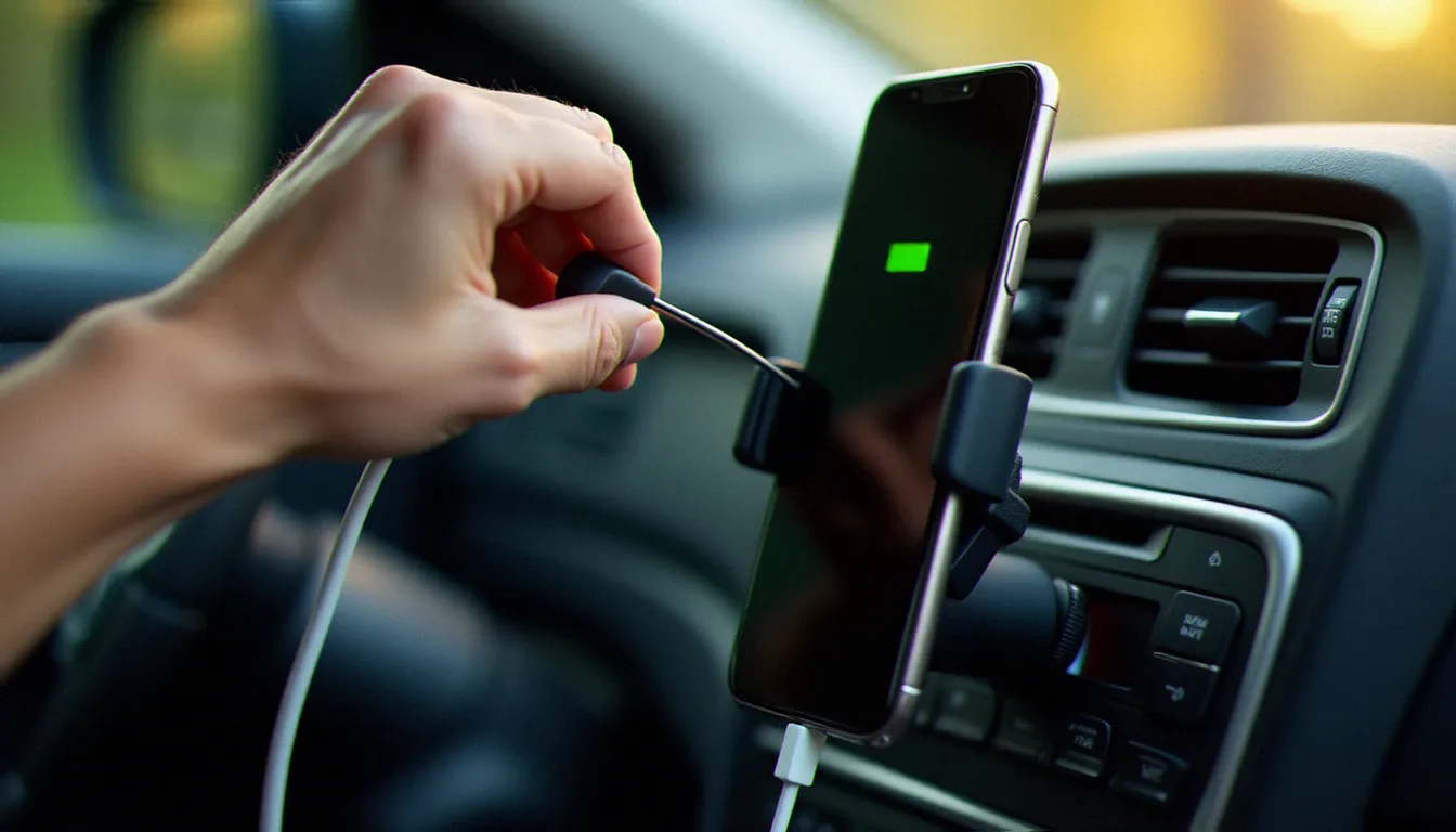 Câble de charge USB-C branché sur un téléphone dans un support de grille d'aération en voiture, accessoire indispensable pour l'utilisation du mobile en voiture