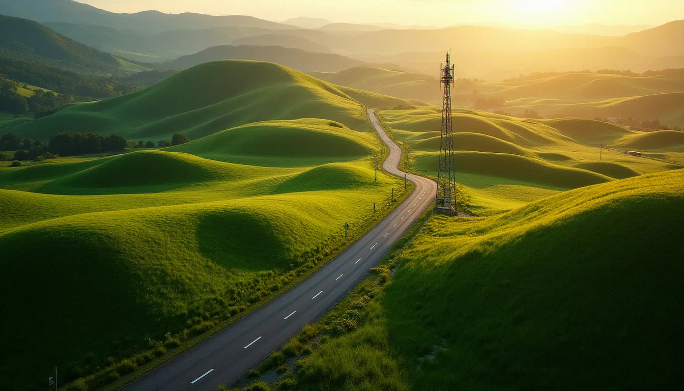 Route de campagne française traversant des collines verdoyantes, illustration des variations de couverture réseau mobile selon les zones géographiques en France