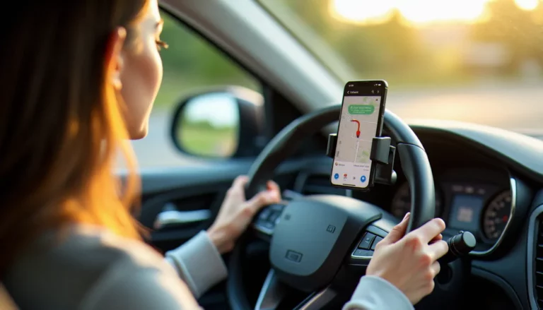 Smartphone fixé sur un support de tableau de bord dans une voiture affichant une application GPS, illustration de l'usage mobile France voiture au quotidien