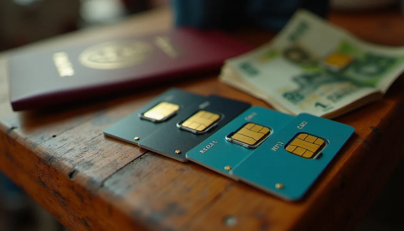 Trois cartes SIM d'opérateurs birmans posées sur un comptoir de marché local avec un passeport et des billets en kyat