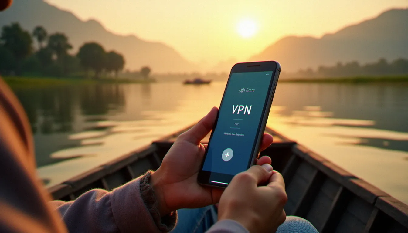 Voyageur sur le lac Inlé au Myanmar utilisant un VPN sur son smartphone pour sécuriser sa connexion mobile