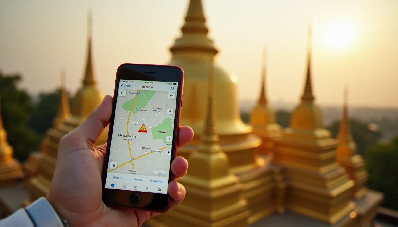 Un voyageur consulte un mobile guide Myanmar sur son smartphone devant la pagode Shwedagon de Yangon