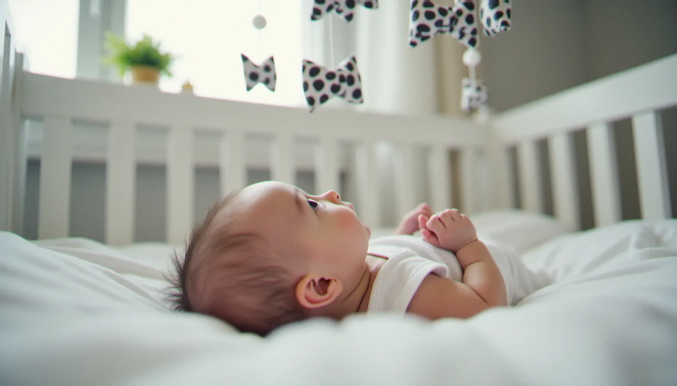 Nourrisson allongé dans son berceau regardant attentivement un mobile musical bébé en noir et blanc à contraste élevé