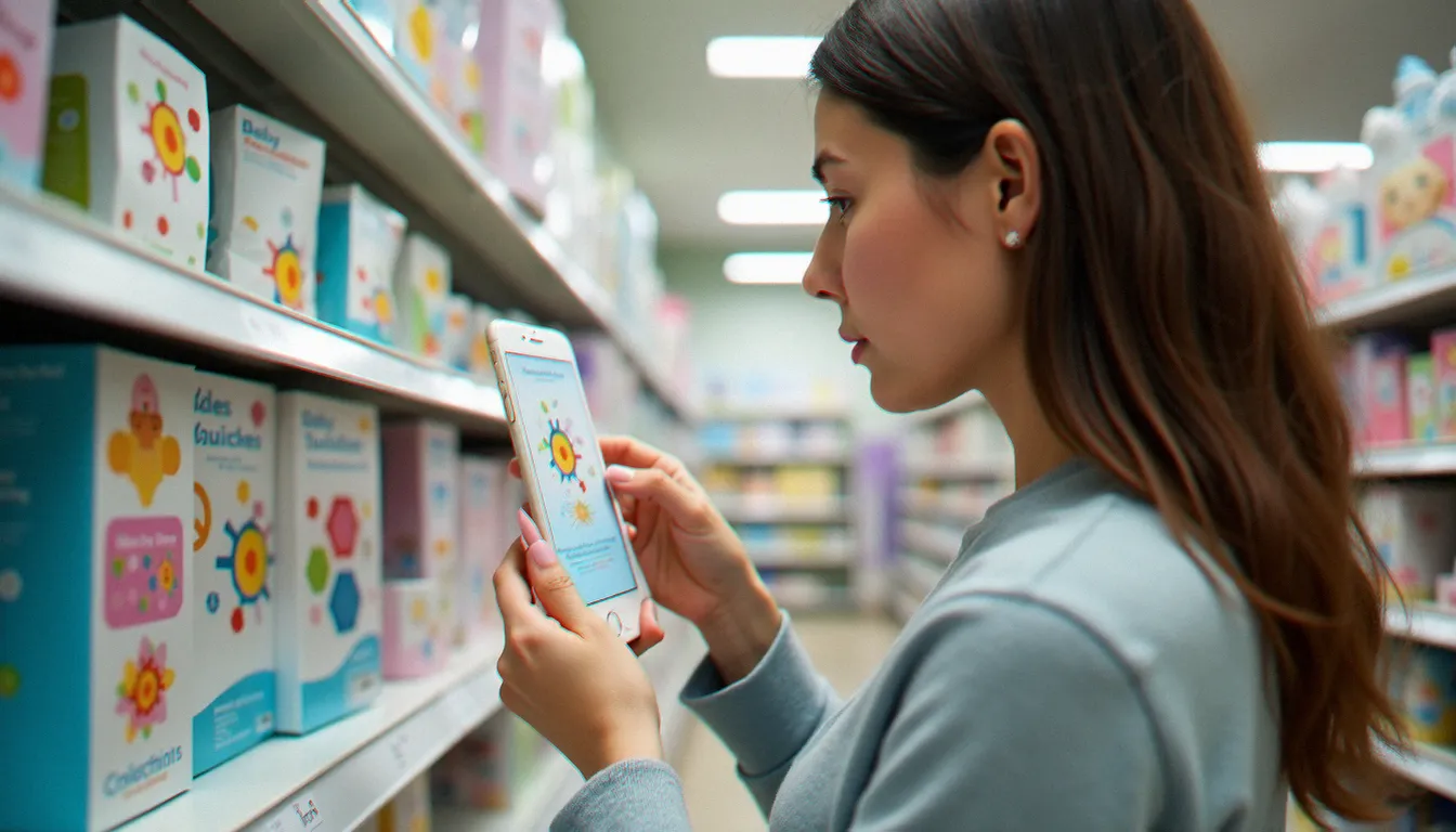 Parent vérifiant les normes de sécurité et le marquage CE sur l'emballage d'un mobile musical bébé avant achat
