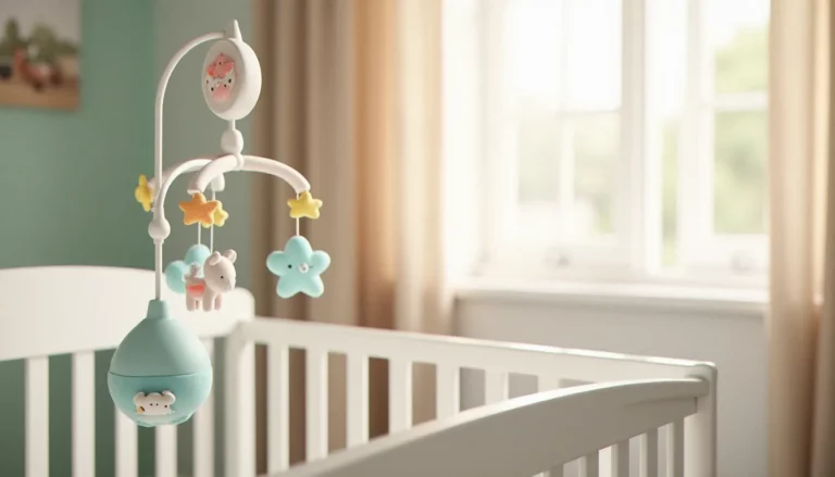 Mobile musical bébé coloré avec étoiles et nuages suspendu au-dessus d'un berceau en bois blanc dans une chambre d'enfant lumineuse