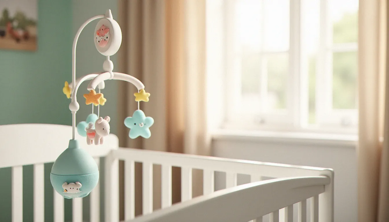 Mobile musical bébé coloré avec étoiles et nuages suspendu au-dessus d'un berceau en bois blanc dans une chambre d'enfant lumineuse