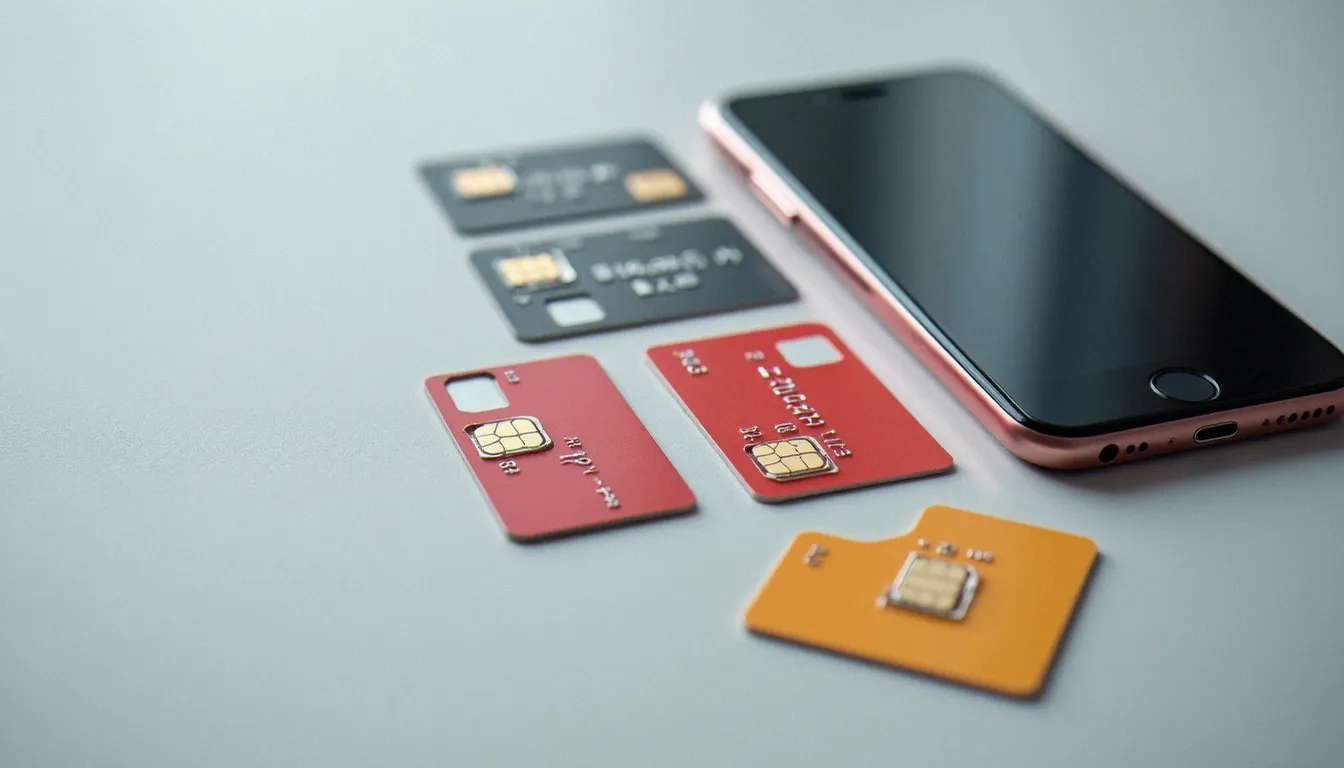 Comparaison de différentes cartes SIM d'opérateurs virtuels posées à côté d'un smartphone, pour illustrer le choix d'un forfait mobile sans abonnement