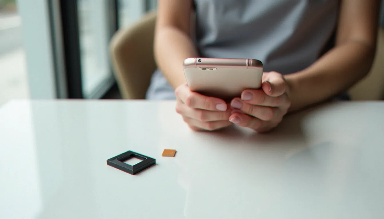 Mains tenant un smartphone débloqué posé à côté d'une carte SIM, illustrant l'utilisation d'un mobile sans abonnement