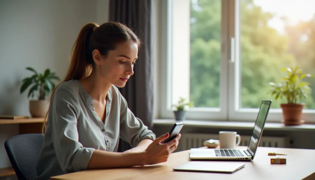 Une femme technicienne tenant un smartphone et examinant une offre de mobile sans engagement à son bureau