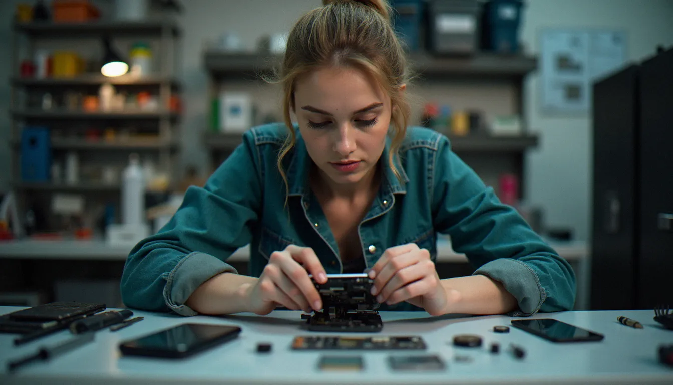 Technicienne mobile examinant un smartphone reconditionné déverrouillé, adapté à l'usage sans forfait