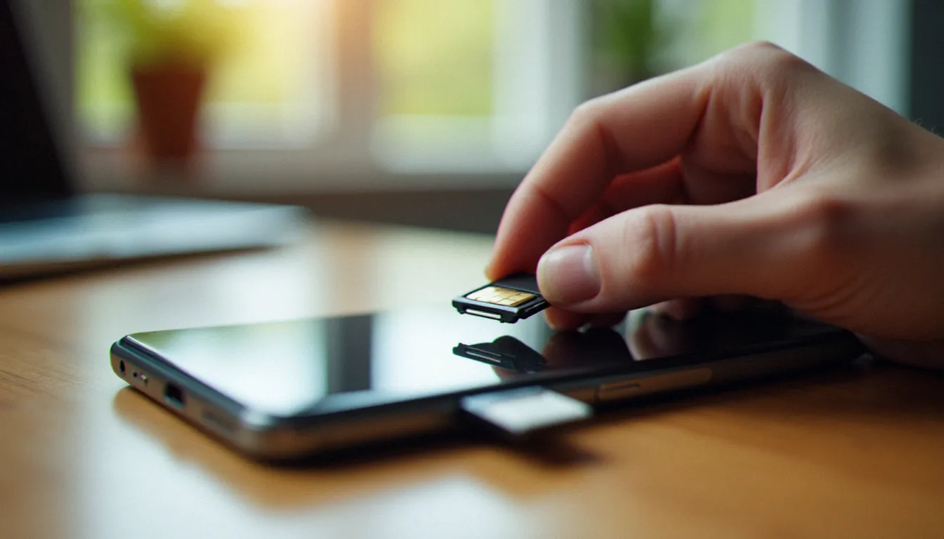 Main tenant un smartphone avec le tiroir SIM éjecté, illustrant l'utilisation d'un mobile sans forfait