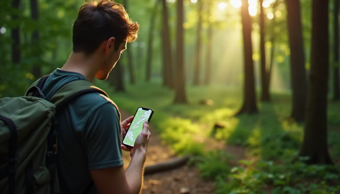 Randonneur consultant une carte hors ligne sur son mobile sans internet en forêt, loin de toute couverture réseau