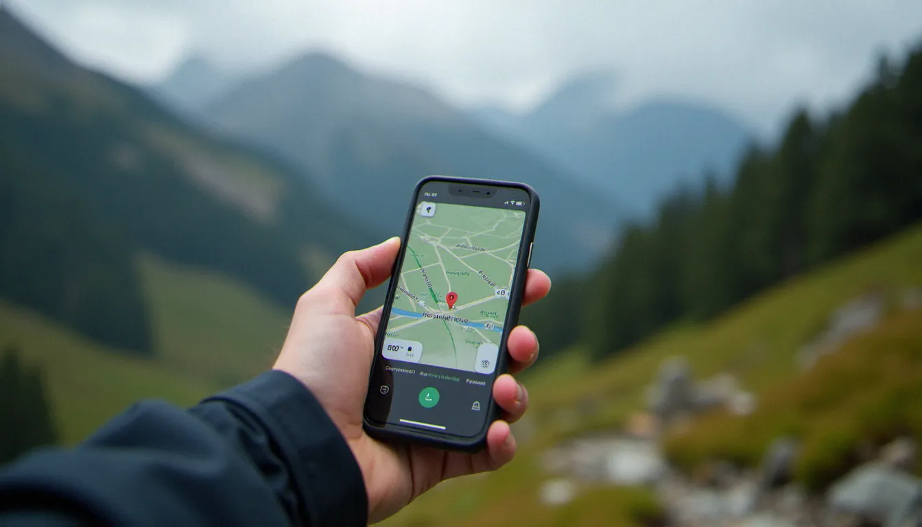 Personne utilisant un mobile sans internet pour naviguer hors ligne en zone de montagne sans réseau