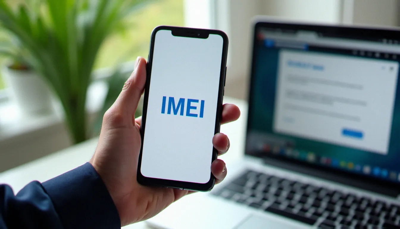 Technicienne vérifiant l'IMEI d'un mobile sans nom affiché à l'écran, avec un ordinateur portable ouvert en arrière-plan