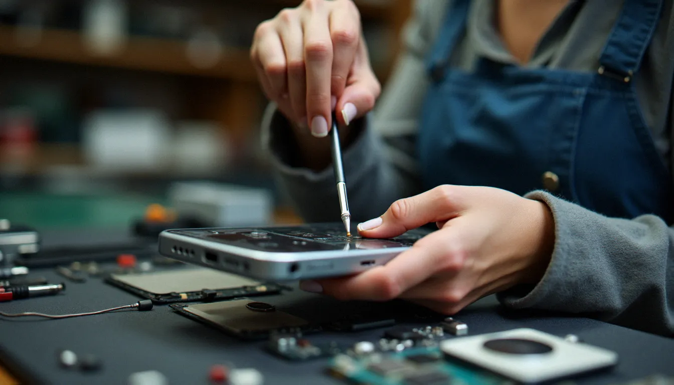 Technicienne ouvrant la coque arrière d'un mobile sans nom avec un outil de démontage sur un tapis antistatique en atelier de réparation