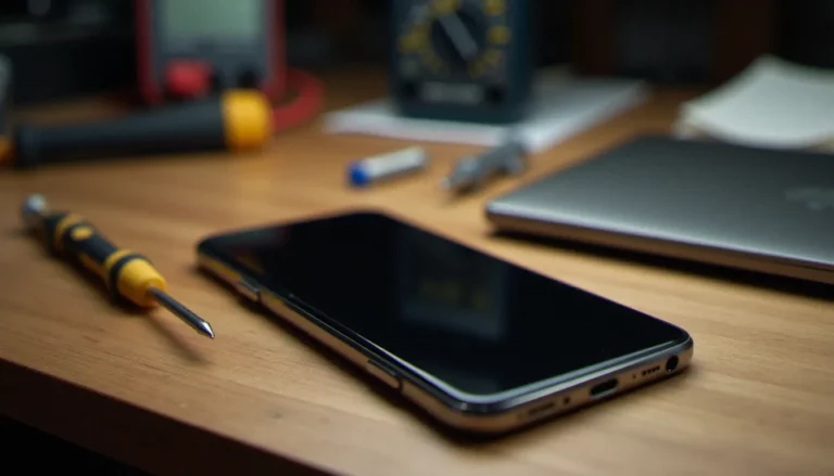 Mobile sans nom posé sur un établi de technicien à côté d'un tournevis de précision et d'un multimètre