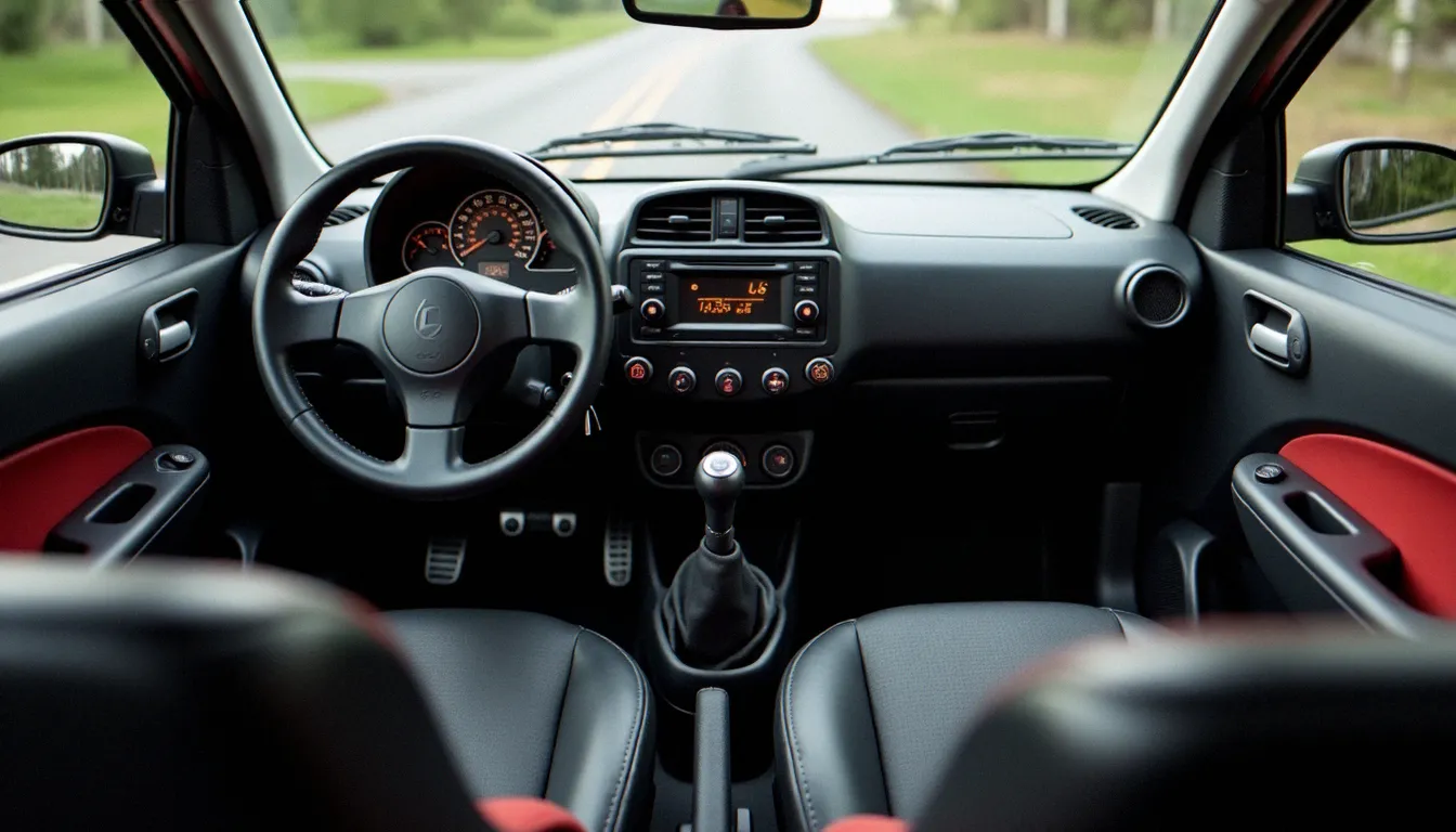 Tableau de bord et habitacle d'un mobile sans permis montrant le compteur limité à 45 km/h et les équipements de sécurité