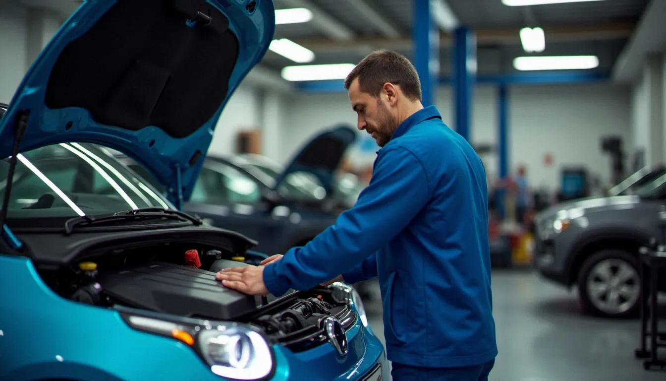 Technicien automobile inspectant le compartiment moteur d'un mobile sans permis électrique dans un atelier de réparation