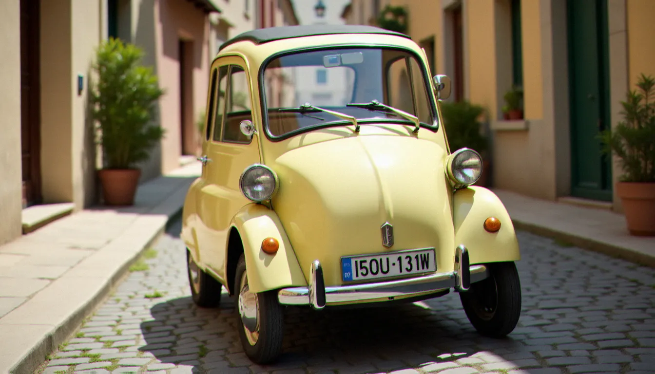 Une voiturette mobile sans permis garée dans une rue de village français sous la lumière naturelle