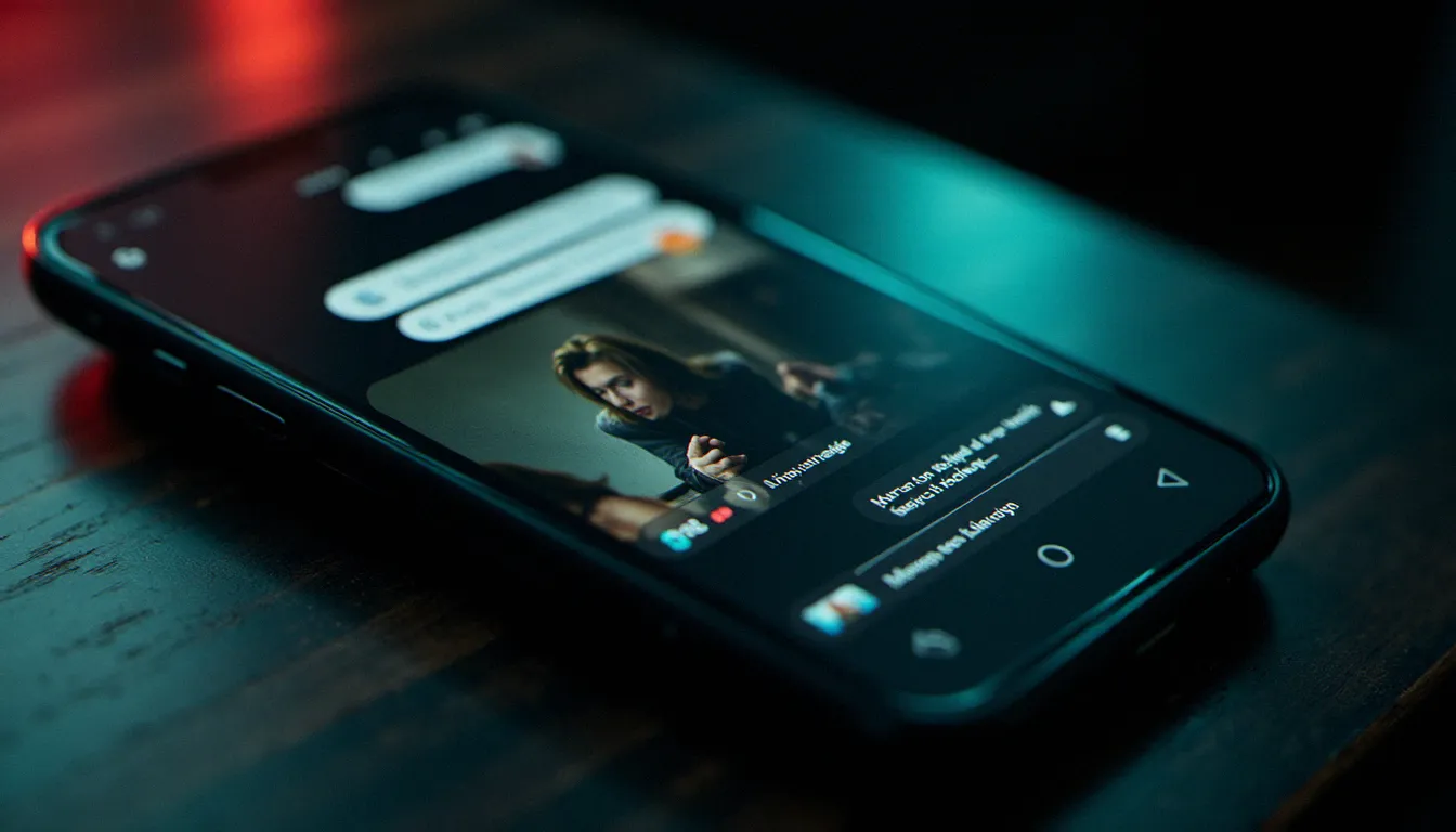 Écran de smartphone affichant une scène de série télévisée avec des bulles de messages intégrées à la mise en scène, représentant la narration mobile moderne