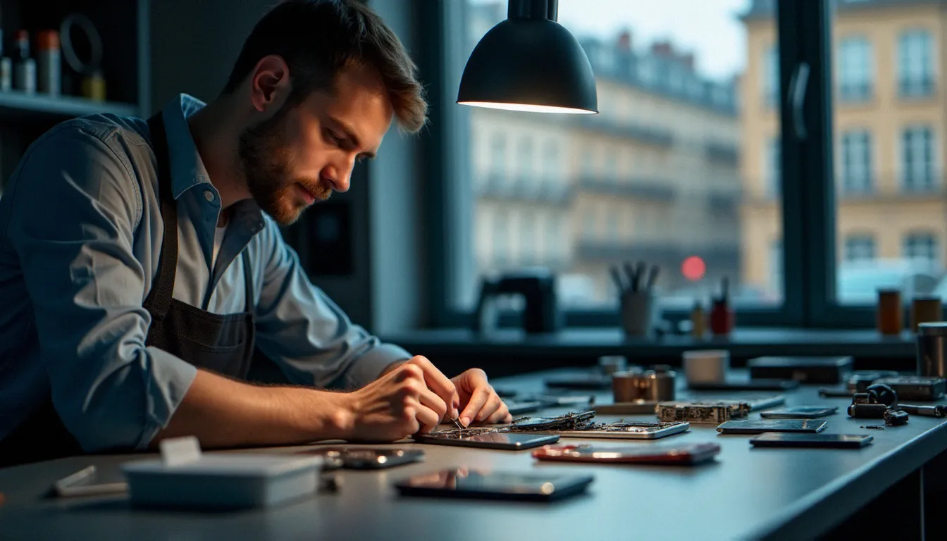 Technicienne mobile en atelier examinant un smartphone démonté pour diagnostiquer la compatibilité de streaming haute définition